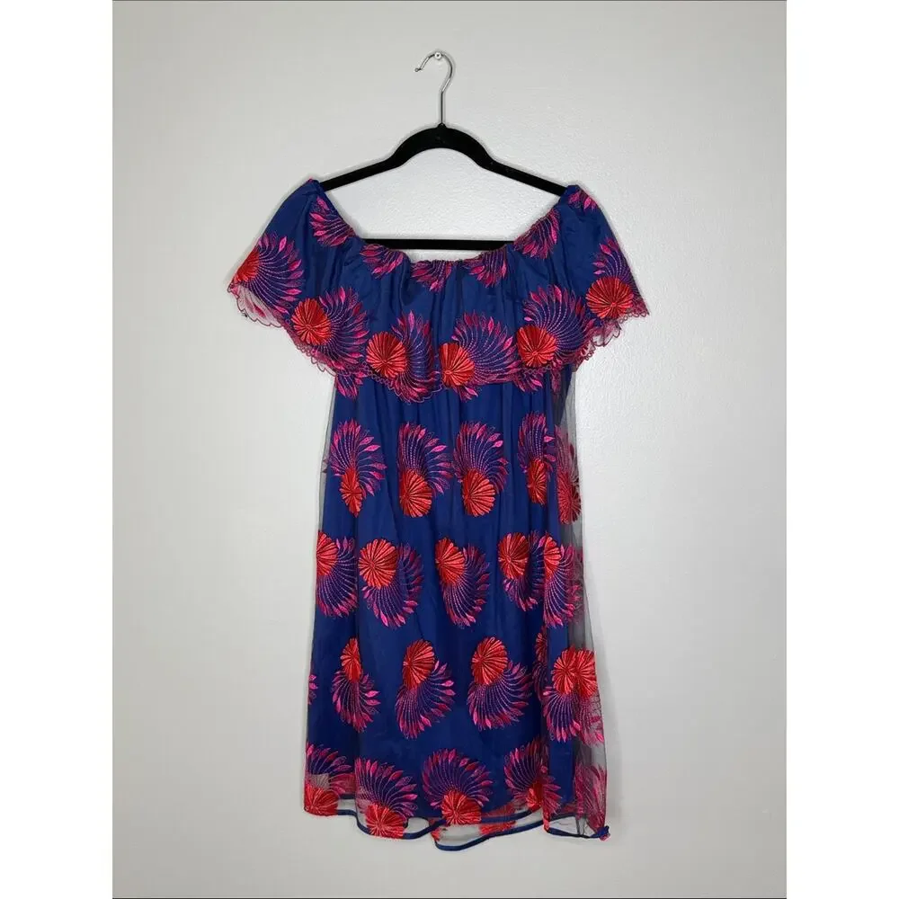 Trina Turk Navy Dress with Bright Pink Embroidered Fans Size M/L